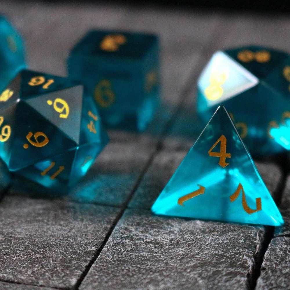 Green Zircon Glass Hand Carved DND Dice Set (ONLINE ORDER ONLY)
