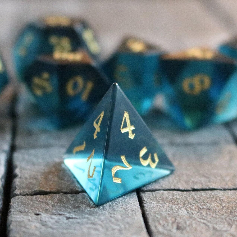 Green Zircon Glass Hand Carved DND Dice Set (ONLINE ORDER ONLY)