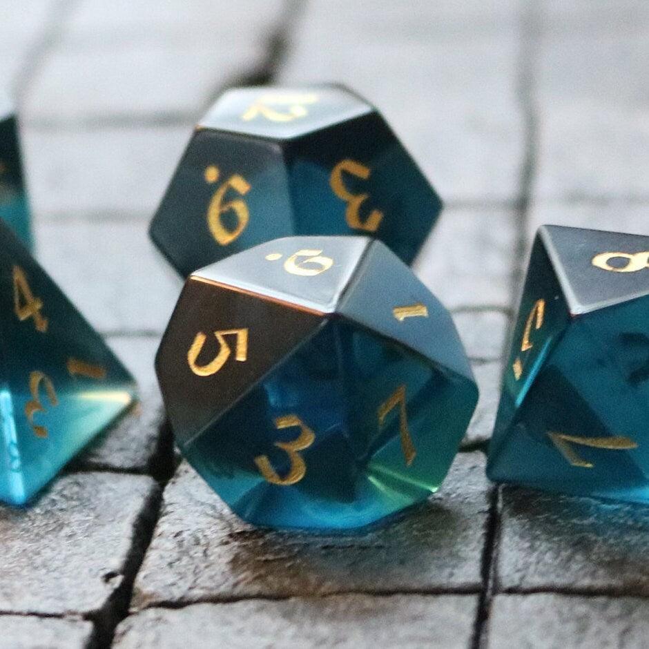 Green Zircon Glass Hand Carved DND Dice Set (ONLINE ORDER ONLY)