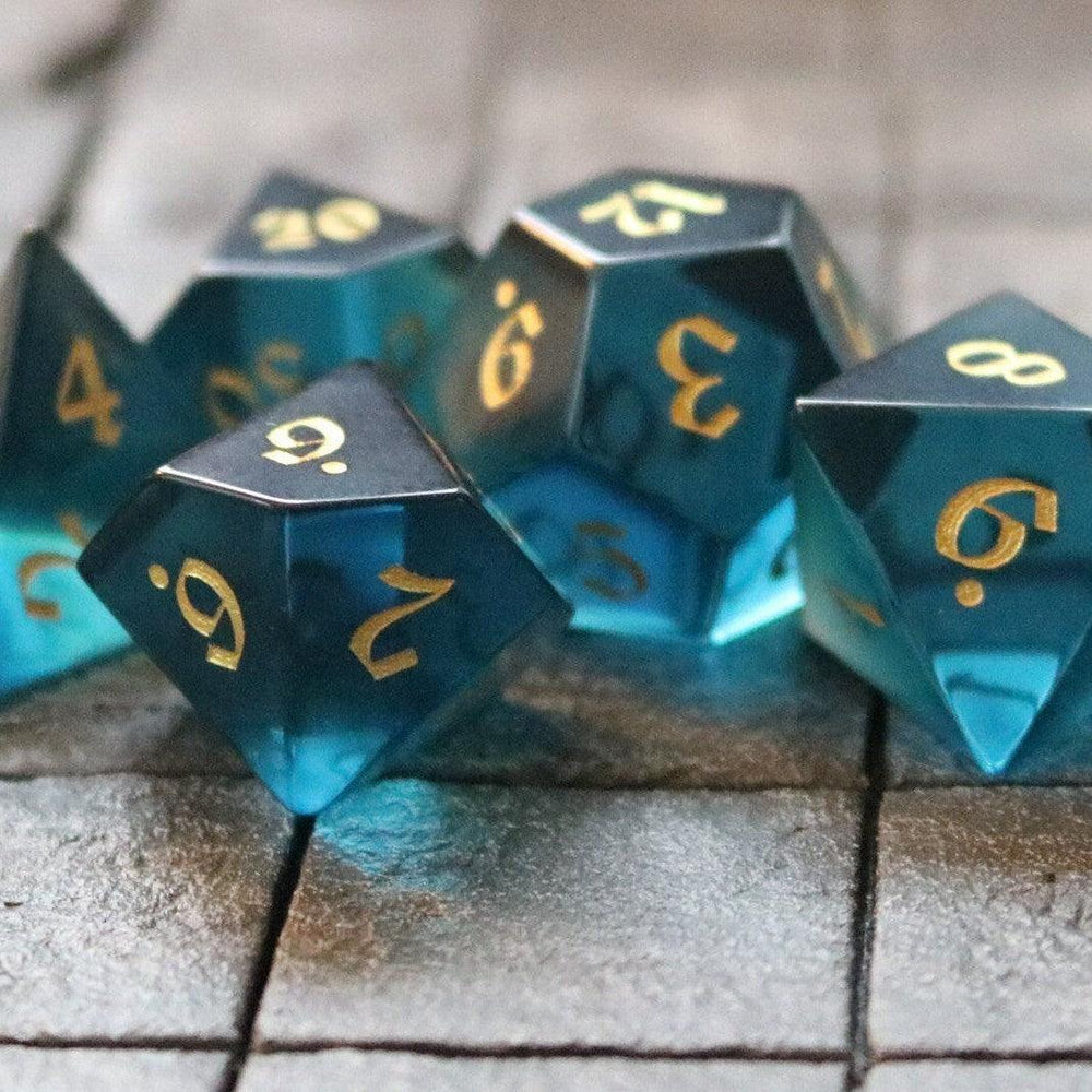Green Zircon Glass Hand Carved DND Dice Set (ONLINE ORDER ONLY)
