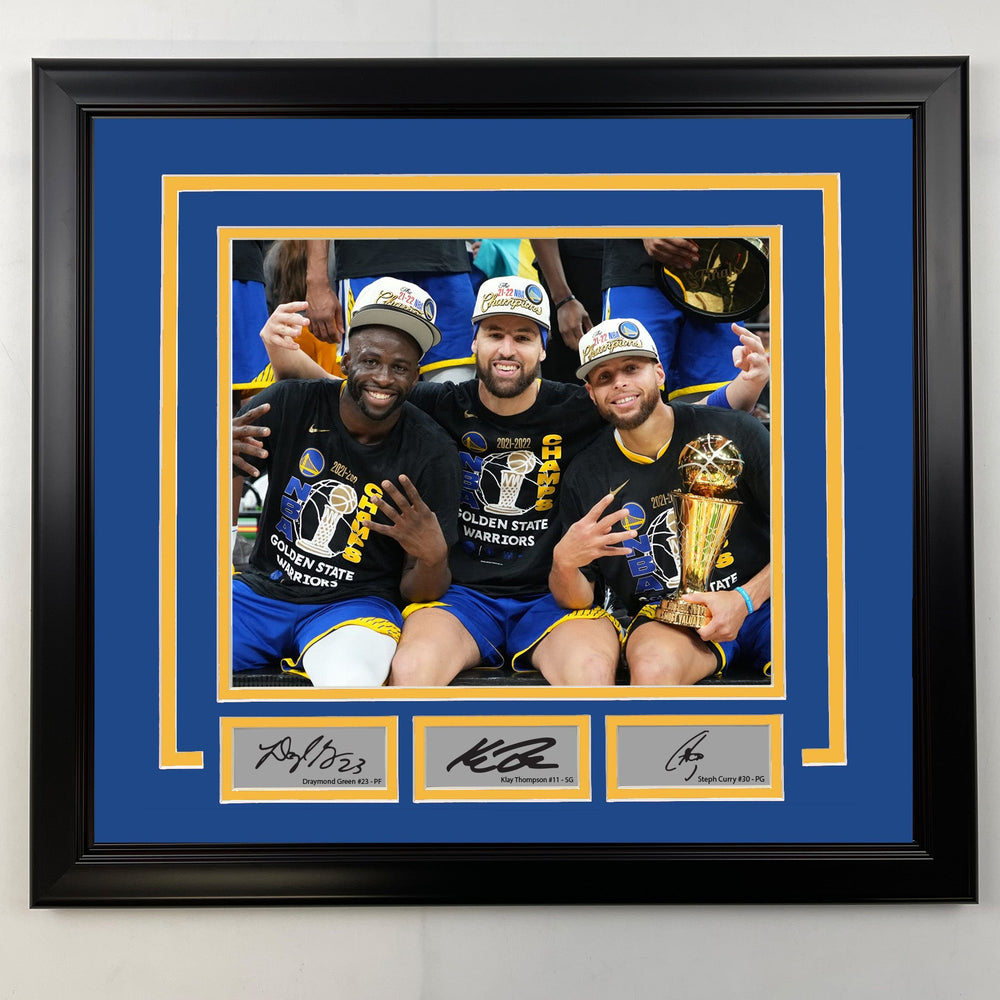 Framed Draymond Green, Klay Thompson and Steph Curry Facsimile Laser Engraved Signatures Golden State Warriors 19x21 Basketball Photo (ONLINE ORDER ONLY)