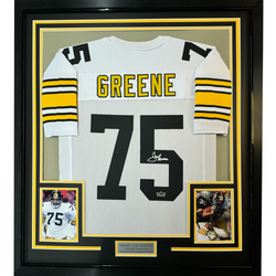 Framed Facsimile Autographed Mean Joe Greene 35x39 Pittsburgh White Reprint Laser Auto Football Jersey (ONLINE ORDER ONLY)