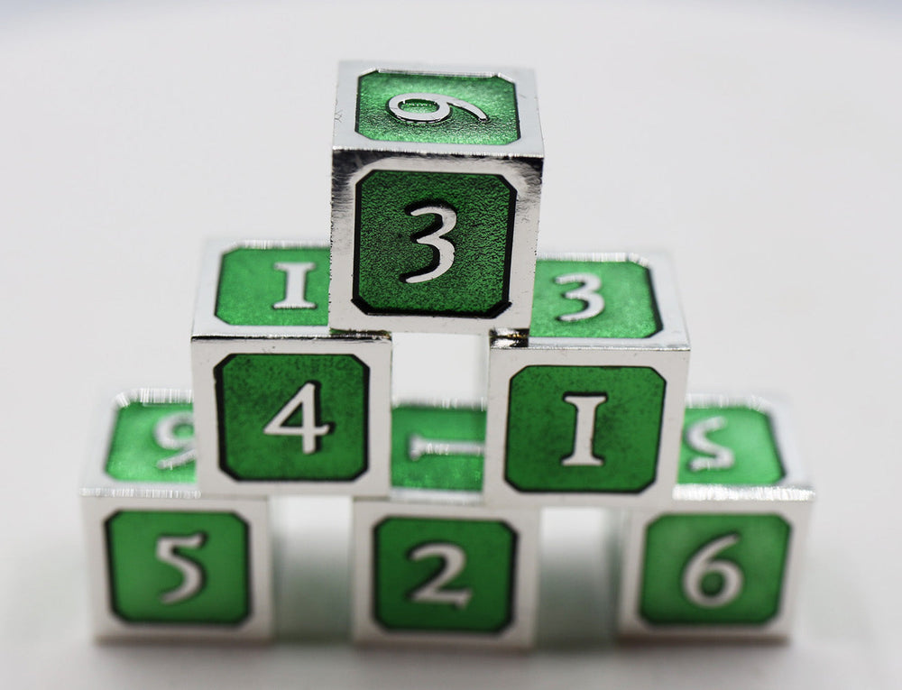 6 piece Metal D6's - Green and Silver (ONLINE ORDER ONLY)
