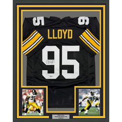 Framed Autographed/Signed Greg Lloyd 35x39 Pittsburgh Black Football Jersey Beckett BAS COA (ONLINE ORDER ONLY)