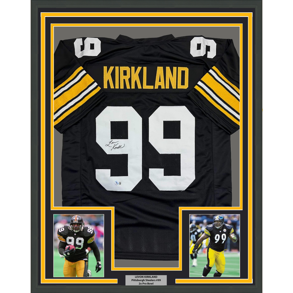 Framed Autographed/Signed Levon Kirkland 35x39 Pittsburgh Black Football Jersey Beckett BAS COA (ONLINE ORDER ONLY)