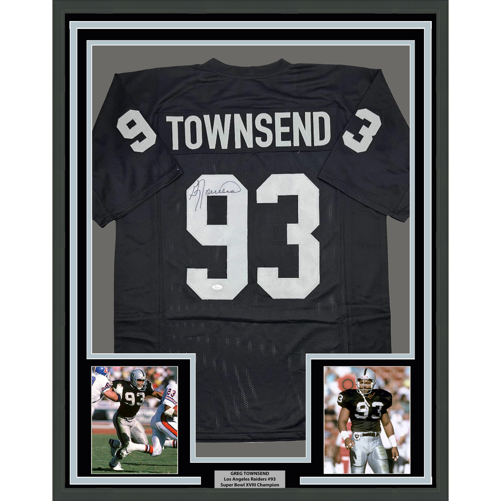 Framed Autographed/Signed Greg Townsend 35x39 Oakland Black Football Jersey JSA COA (ONLINE ORDER ONLY)