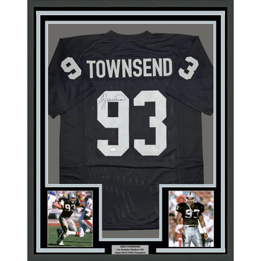 Framed Autographed/Signed Greg Townsend 35x39 Oakland Black Football Jersey JSA COA (ONLINE ORDER ONLY)