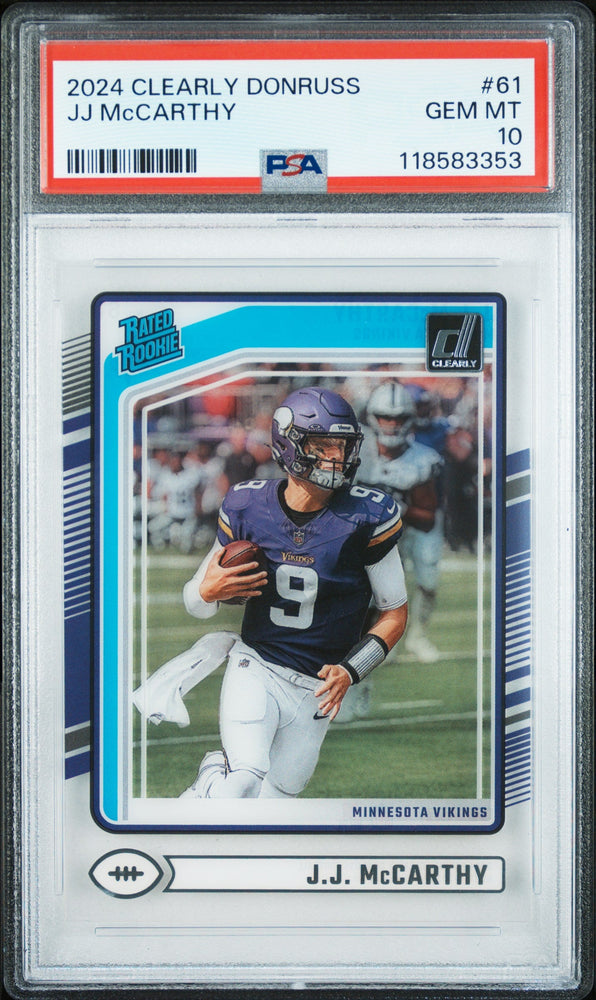 Graded 2024 Panini Clearly Donruss JJ McCarthy #61 Rookie RC Football Card PSA 10 Gem Mint (ONLINE ORDER ONLY)