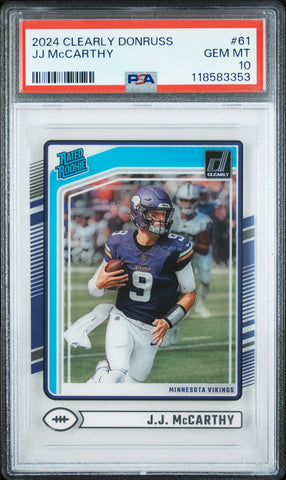 Graded 2024 Panini Clearly Donruss JJ McCarthy #61 Rookie RC Football Card PSA 10 Gem Mint (ONLINE ORDER ONLY)