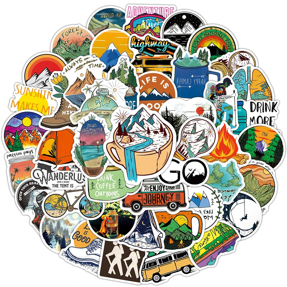 10/50/100PCS Camping Landscape Stickers Outdoor Adventure Climbing Travel Waterproof Sticker to DIY Suitcase Laptop Bicycle Toys (ONLINE ORDER ONLY)