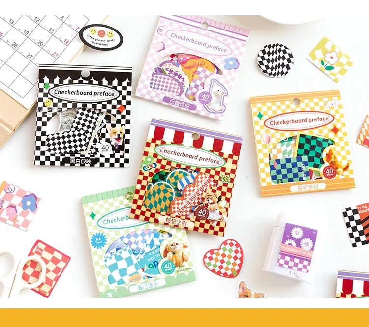 40Pcs Retro Grid Animals Decorative Stickers Scrapbooking Stick Label Diary Album Stickers Kawaii Stationery Cell Phone Stickers (ONLINE ORDER ONLY)