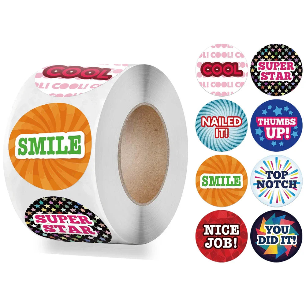 8 Designs Cute Stickers English Reward Sticker 100-500pcs/roll 1 inch for Encourage Children Girls Boys School Teacher Supplies (ONLINE ORDER ONLY)