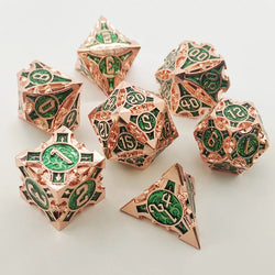 Rose Gold w/green Barbed Strengthened Metal 7-Dice Set | Metal DND Dice (Online Only)