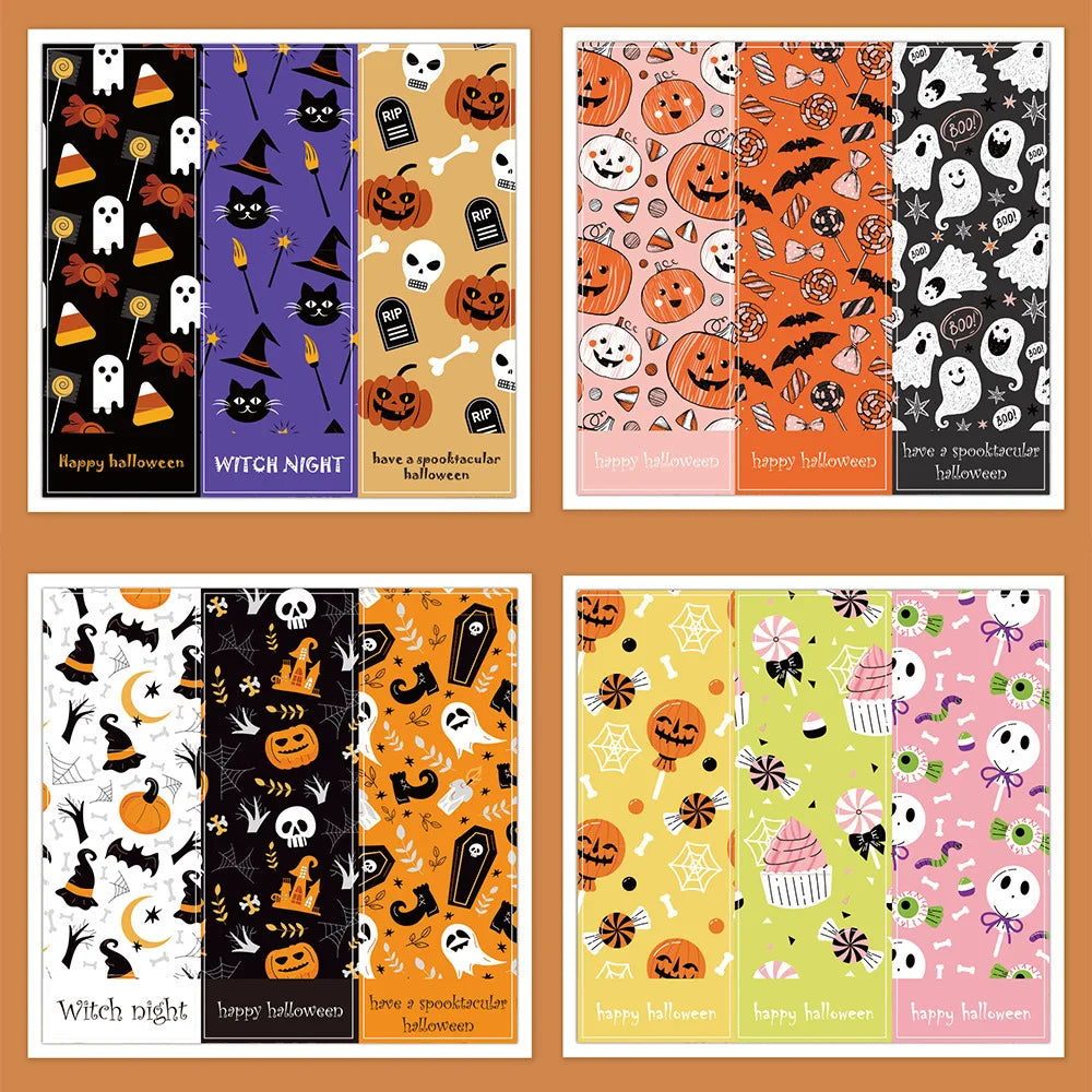 30-60pcs Halloween Stickers Party Pack Pumpkin Bat Ghost Skull Specter Spider Web Stickers for Halloween Party Decorations 3*9cm (ONLINE ORDER ONLY)