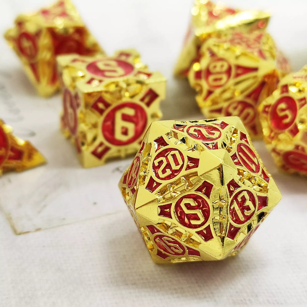 Gold w/red Barbed Strengthened Metal 7-Dice Set | Metal DND Dice (Online Only)