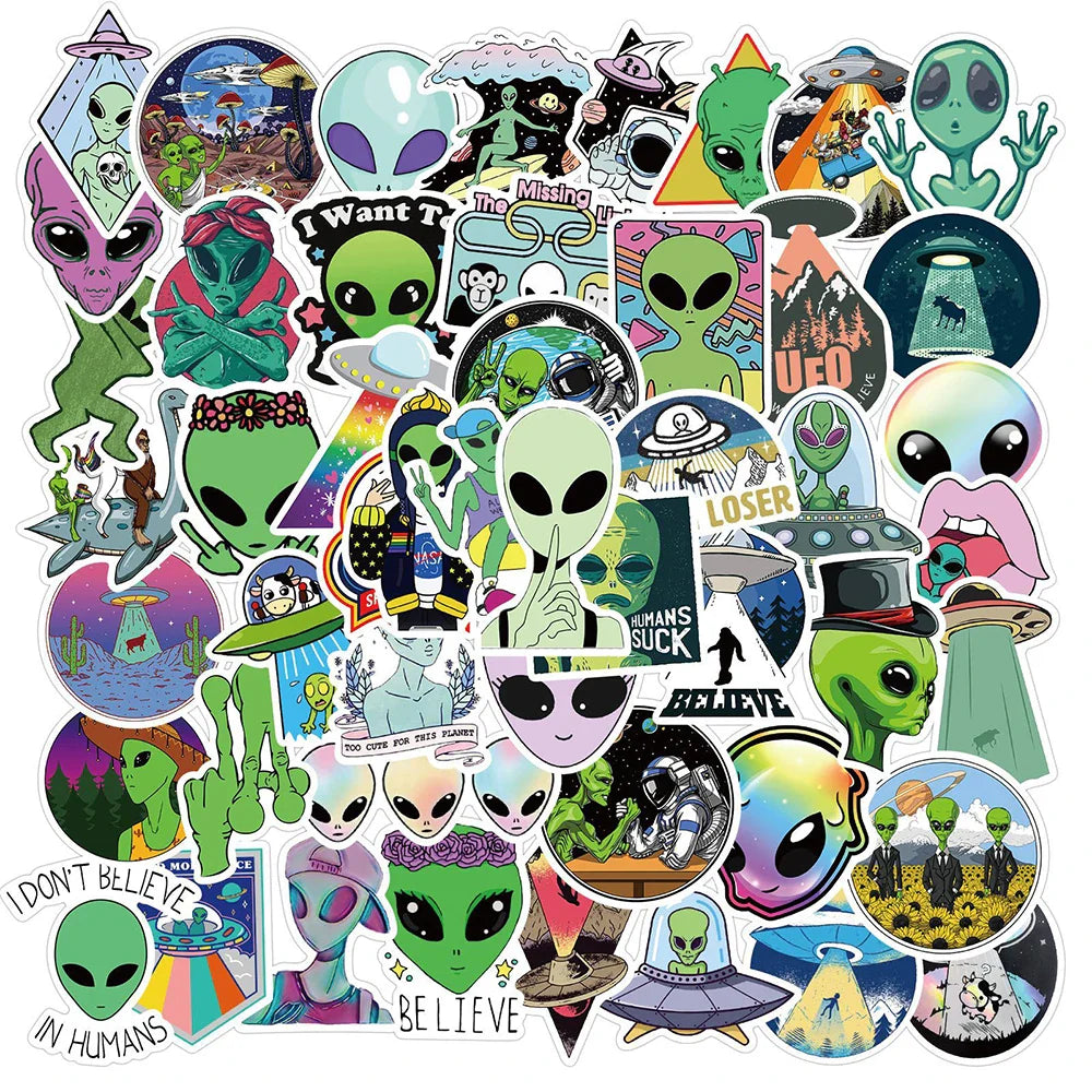 Aliens UFO Stickers Pack - Waterproof Decals for Luggage, Car, Guitar, Laptop, Kids Toys (ONLINE ORDER ONLY)