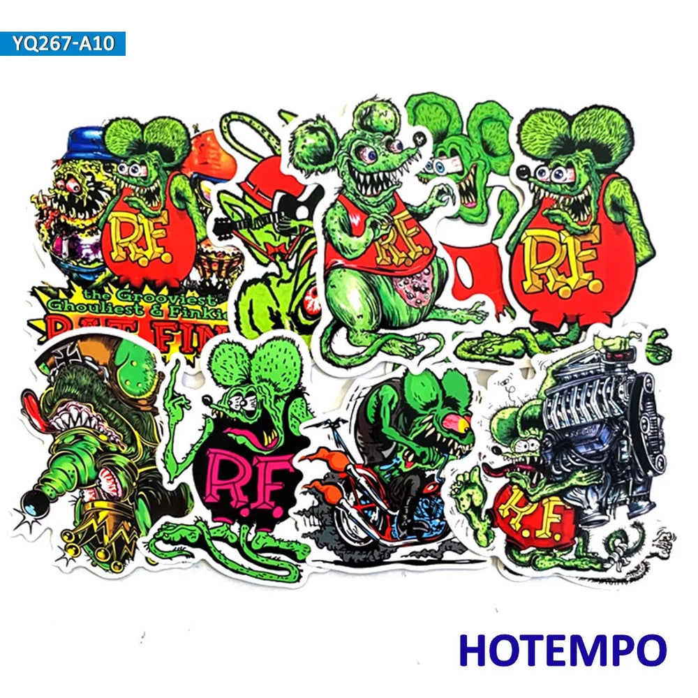 10pcs Rat Fink Cartoon Mouse Funny Anime Phone Laptop Car Stickers for Luggage Guitar Helmet Skateboard Bike Motorcycle Sticker (Online Order Only)