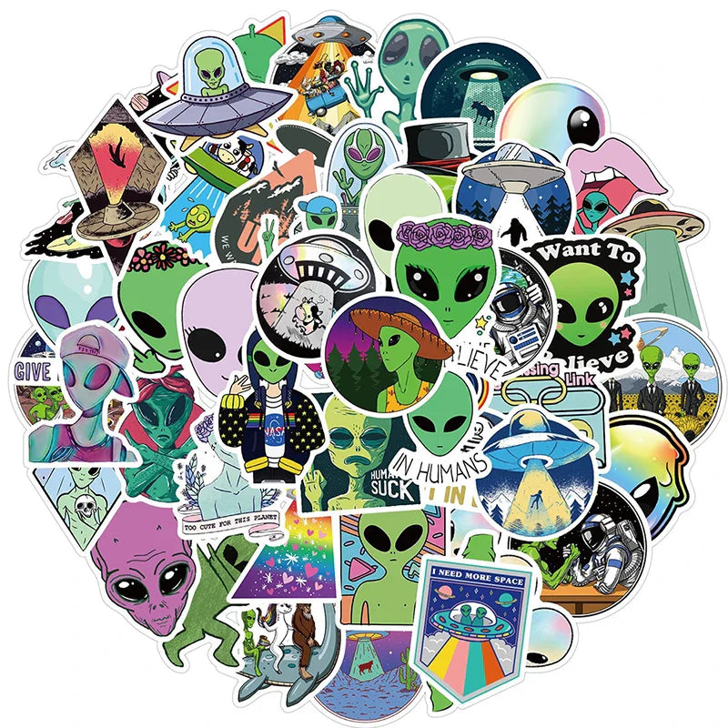 Aliens UFO Stickers Cartoon Decals for Skateboard, Fridge, Guitar, Laptop, Phone, Luggage, Kids - 10/30/50pcs (Online Order Only)