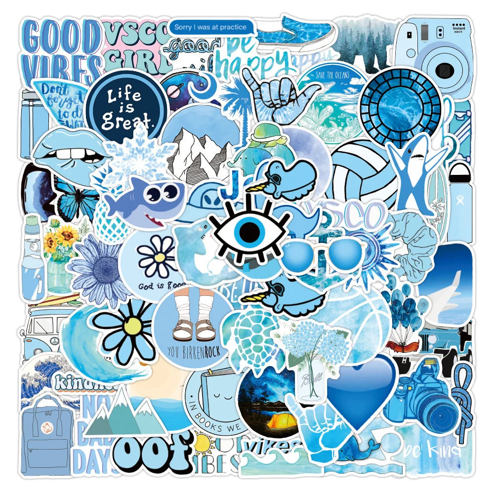 Cute Blue Cartoon Vsco Girl Stickers - Waterproof Aesthetic Decals for Water Bottle, Phone, Car, Laptop (ONLINE ORDER ONLY)