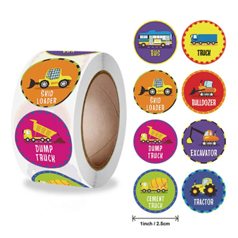 NEW Stationery Sticker 500 Pcs/roll 2.5cm /1inch Construction Car Birthday Party For Student Children Logo Stickers Custom (ONLINE ORDER ONLY)