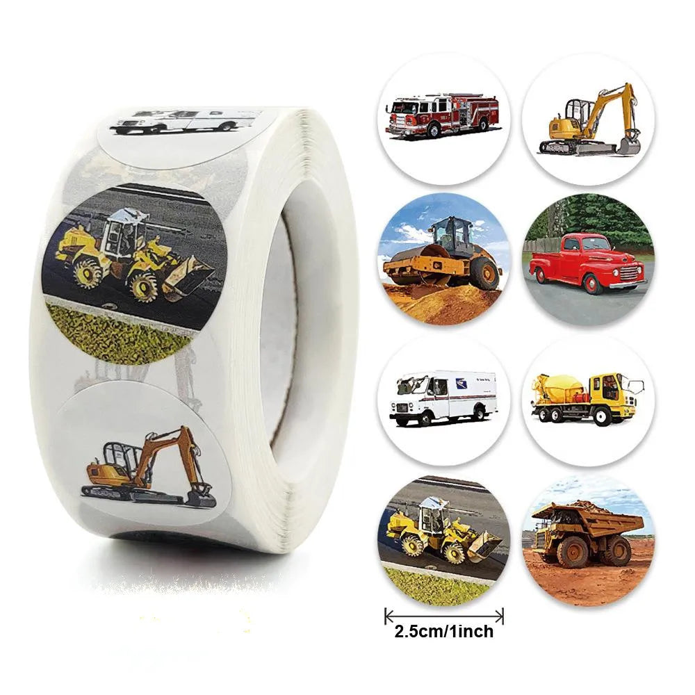 NEW Stationery Sticker 500 Pcs/roll 2.5cm /1inch Construction Car Birthday Party For Student Children Logo Stickers Custom (ONLINE ORDER ONLY)