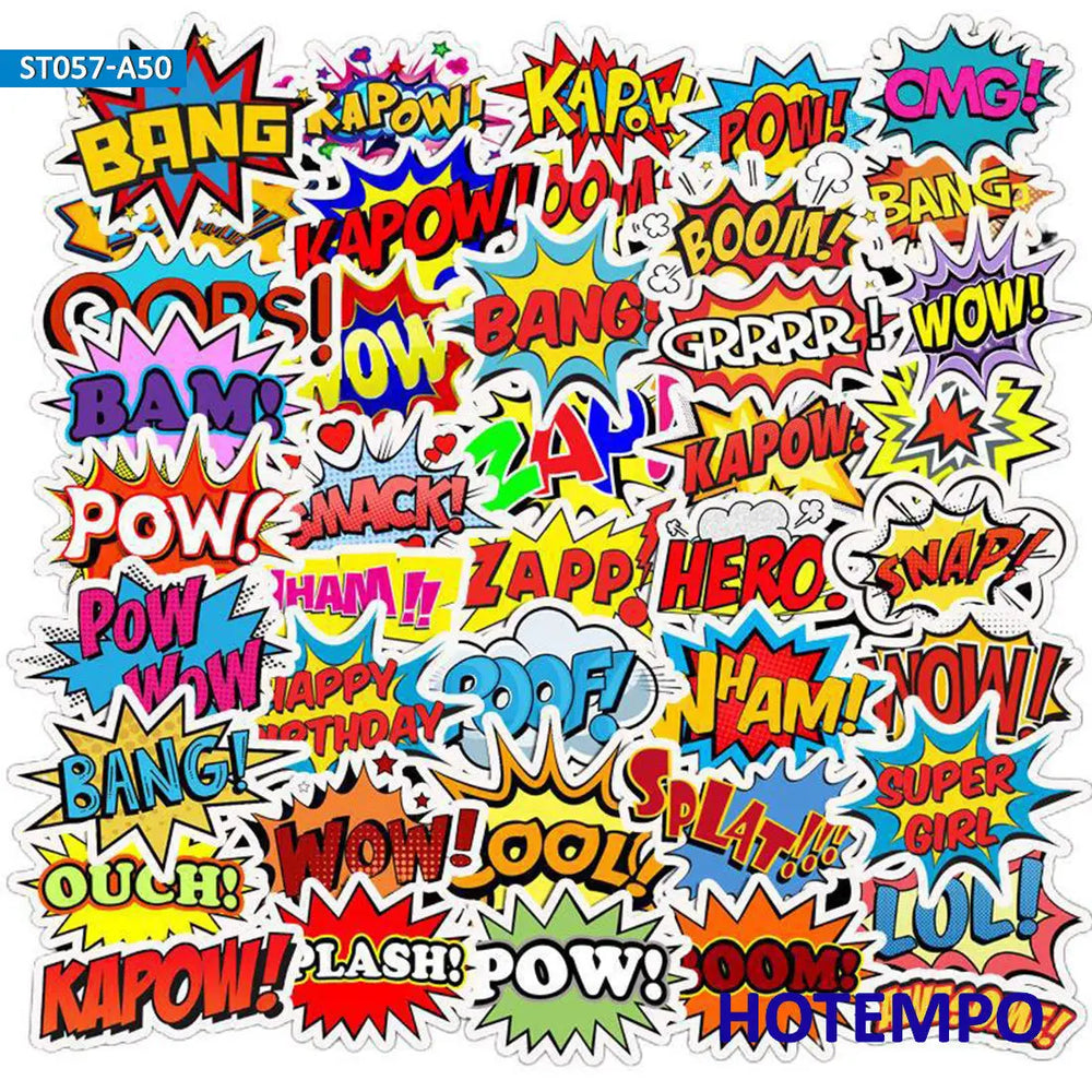 50pcs BAM POW WOW BOOM BANG OMG OOP Explosion Cloud Style Anime Slogan Stickers Pack for Phone Laptop Luggage Skateboard Sticker (ONLINE ORDER ONLY)