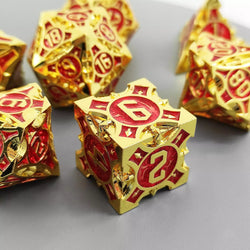 Gold w/red Barbed Strengthened Metal 7-Dice Set | Metal DND Dice (Online Only)