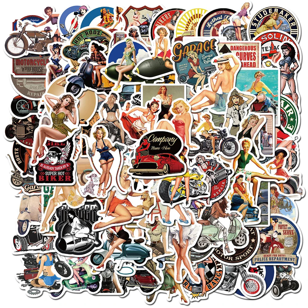 10/30/50/100pcs Retro Poster Motorcycle Girl Personality Sticker for Laptop Motorcycle Skateboard Luggage Decal Toy Stickers (Online Order Only)