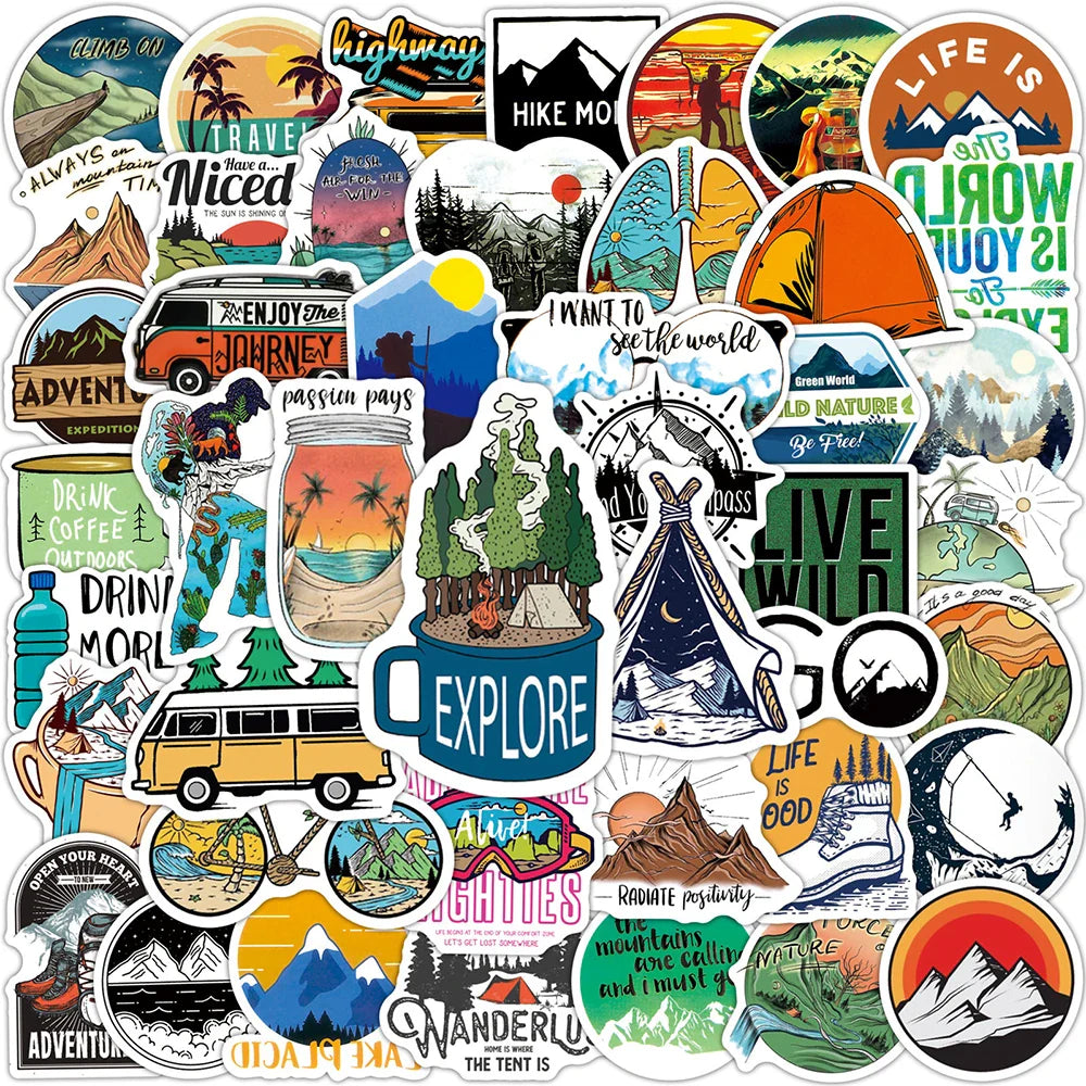 10/50/100PCS Camping Landscape Stickers Outdoor Adventure Climbing Travel Waterproof Sticker to DIY Suitcase Laptop Bicycle Toys (ONLINE ORDER ONLY)