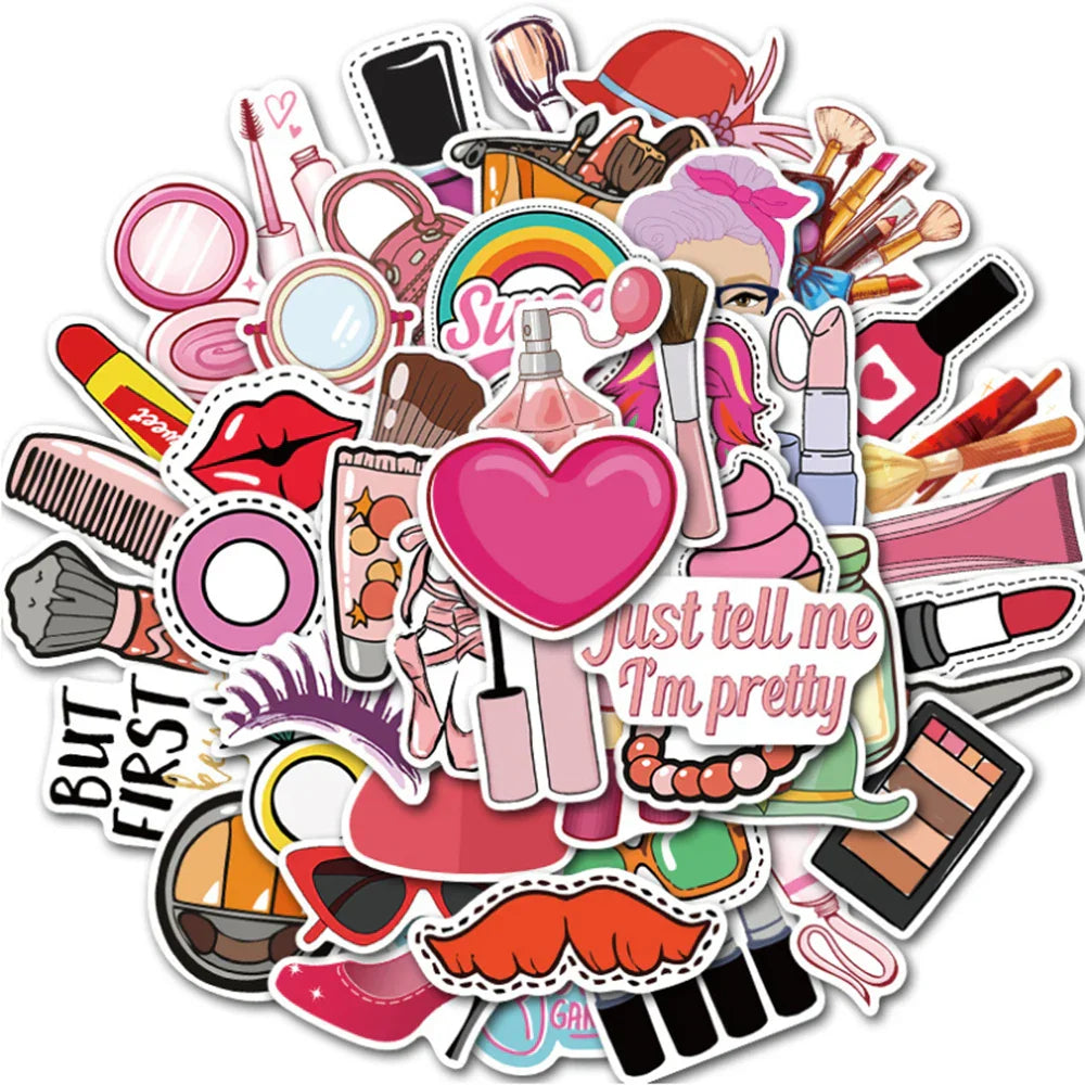 Funny Makeup Lipstick Perfume Cartoon Stickers for Skateboard, Luggage, Laptop, Motorcycle - 10/30/45pcs (ONLINE ORDER ONLY)