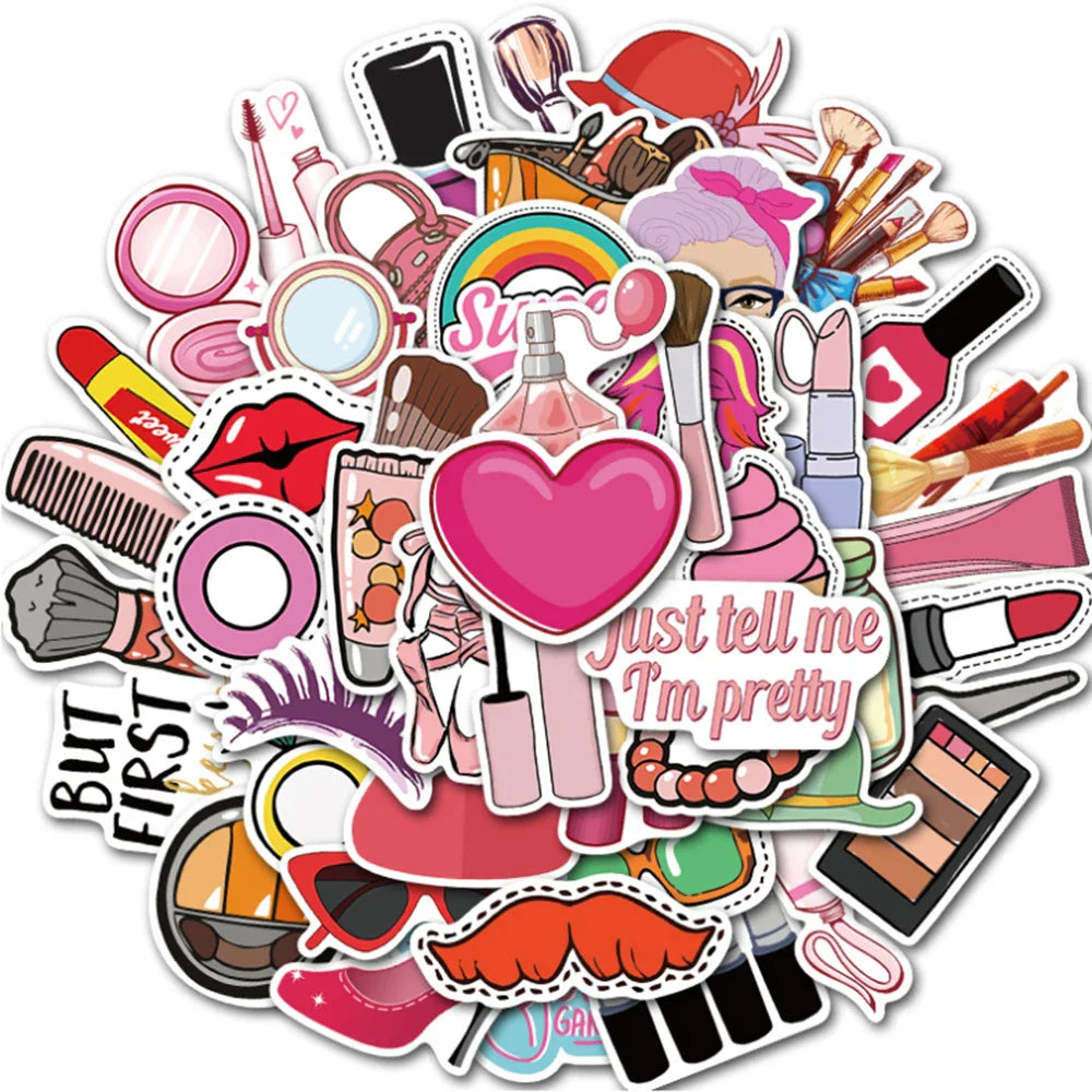 Funny Makeup Lipstick Perfume Cartoon Stickers for Skateboard, Luggage, Laptop, Motorcycle - 10/30/45pcs (ONLINE ORDER ONLY)