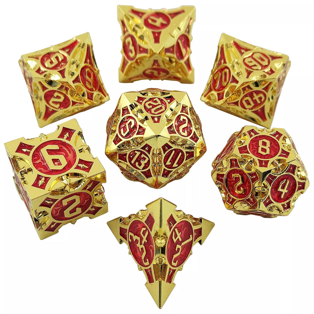 Gold w/red Barbed Strengthened Metal 7-Dice Set | Metal DND Dice (Online Only)