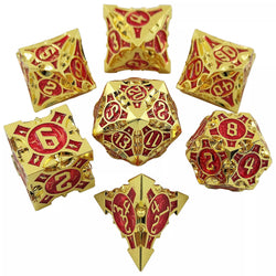 Gold w/red Barbed Strengthened Metal 7-Dice Set | Metal DND Dice (Online Only)