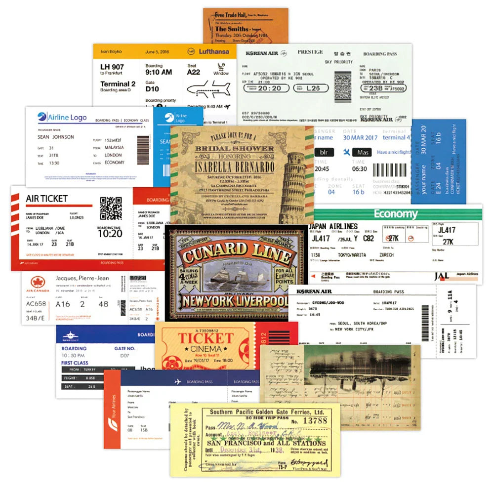 Airline Boarding Ticket Stickers Waterproof Skateboard Fridge Laptop Luggage Toy 10/30/55PCS (ONLINE ORDER ONLY)