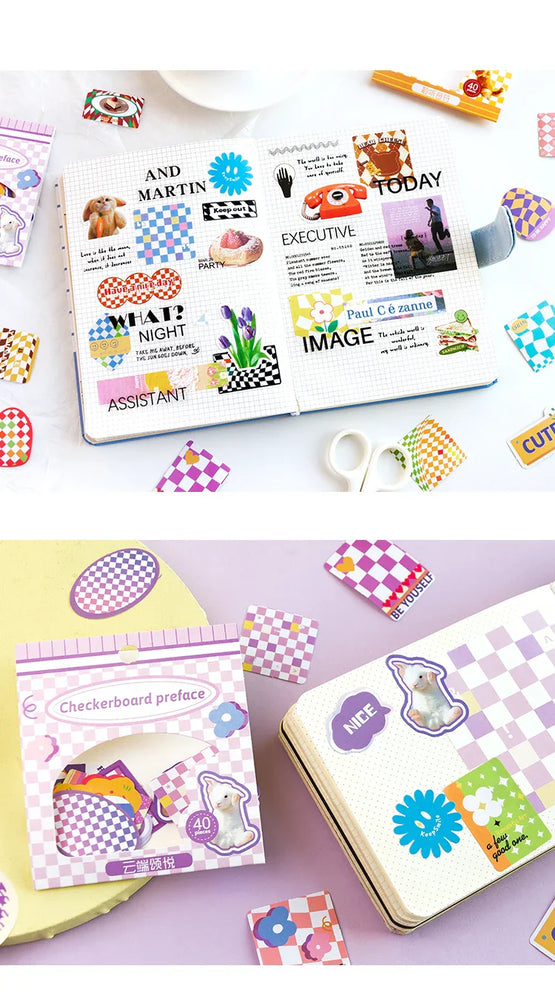 40Pcs Retro Grid Animals Decorative Stickers Scrapbooking Stick Label Diary Album Stickers Kawaii Stationery Cell Phone Stickers (ONLINE ORDER ONLY)