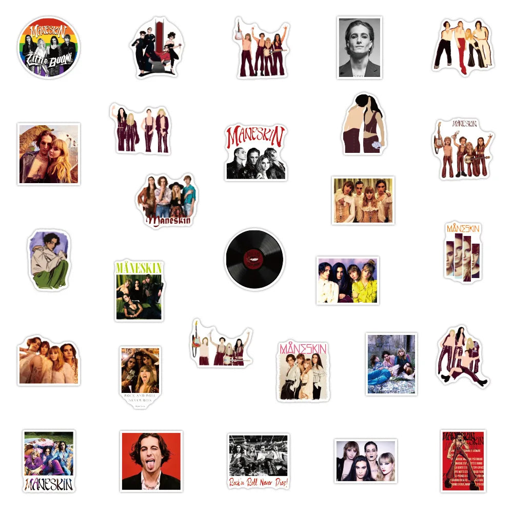 10/30/50PCS Cool Rock Band Maneskin Stickers Skateboard Guitar Laptop Motorcycle Luggage Phone Bike Graffiti Decal Stickers Toys (ONLINE ORDER ONLY)