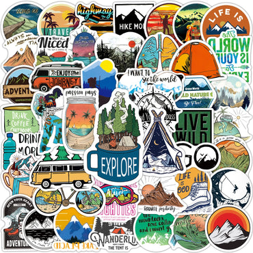 10/50/100pcs Travel Hiking Outdoor Wild Adventure Stickers Outside Camping Decal for Phone Laptop Luggage Bike Car Sticker (ONLINE ORDER ONLY)