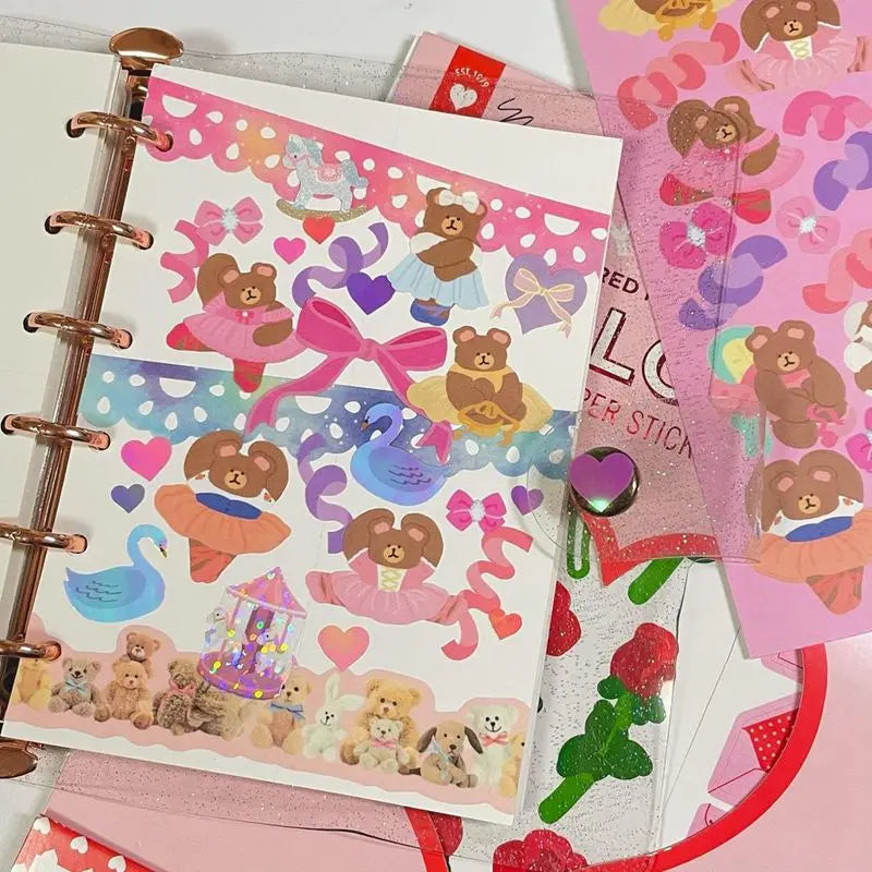 Laser Retro Bear Stickers Scrapbooking Decorative Sticker Korean DIY Diary Album Stick Label Kawaii Stationery (ONLINE ORDER ONLY)