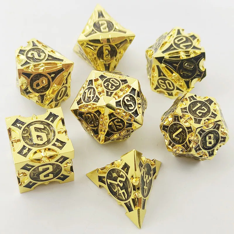 Gold w/black Barbed Strengthened Metal 7-Dice Set | Metal DND Dice (Online Only)