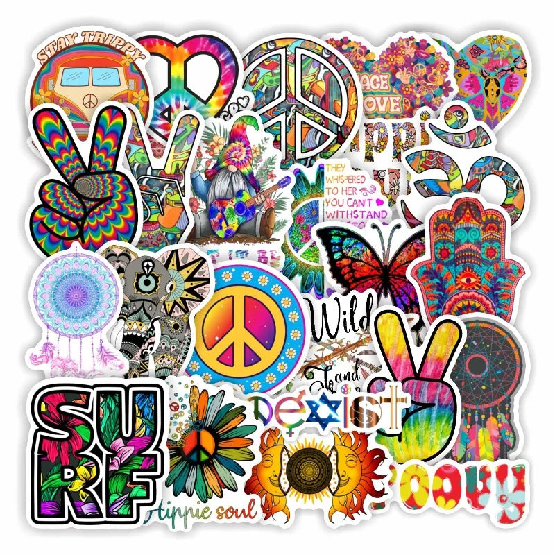 Retro Hippie Stickers Pack - Love Peace Decals for Car, Laptop, Luggage, Skateboard, Diary (ONLINE ORDER ONLY)