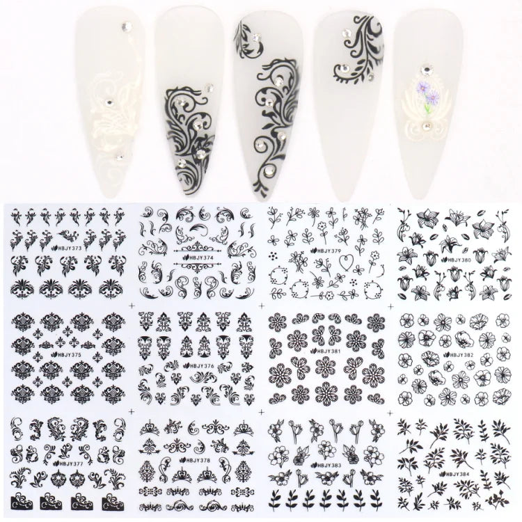 12PCS Black Nail Stickers 3D Flower Leaf Necklace Gel Decals Manicure Design (ONLINE ORDER ONLY)