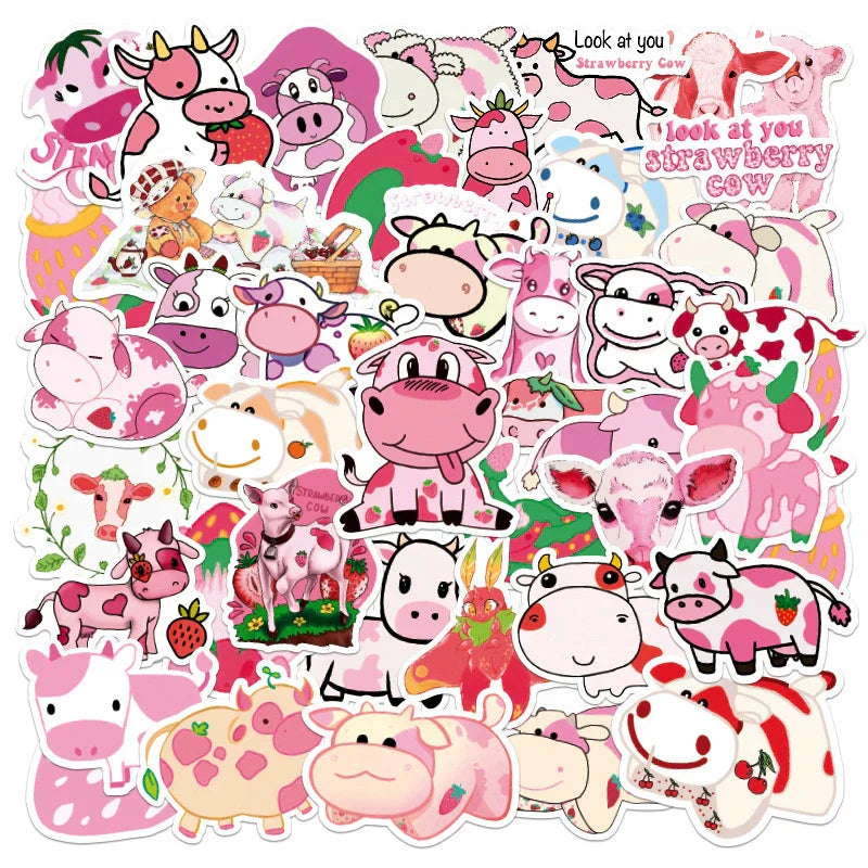 Kawaii Pink Strawberry Cow Stickers for Skateboard, Guitar, Laptop, Luggage, Phone - 10/30/50PCS (ONLINE ORDER ONLY)
