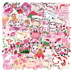 Kawaii Pink Strawberry Cow Stickers for Skateboard, Guitar, Laptop, Luggage, Phone - 10/30/50PCS (ONLINE ORDER ONLY)