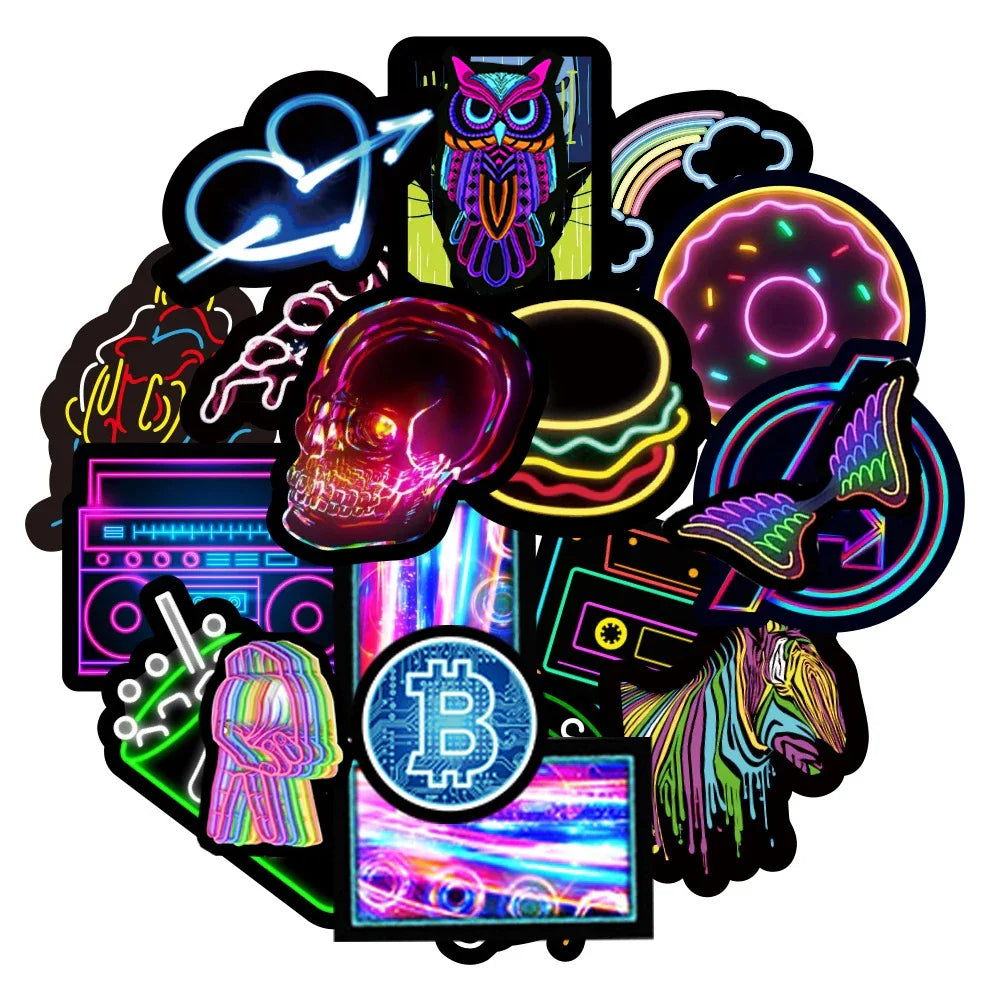 10/30/50/100PCS Cartoon Neon Light Graffiti Stickers Aesthetic Car Skateboard Laptop Phone Bike Cool Toy Decal Sticker for Kids (Online Order Only)