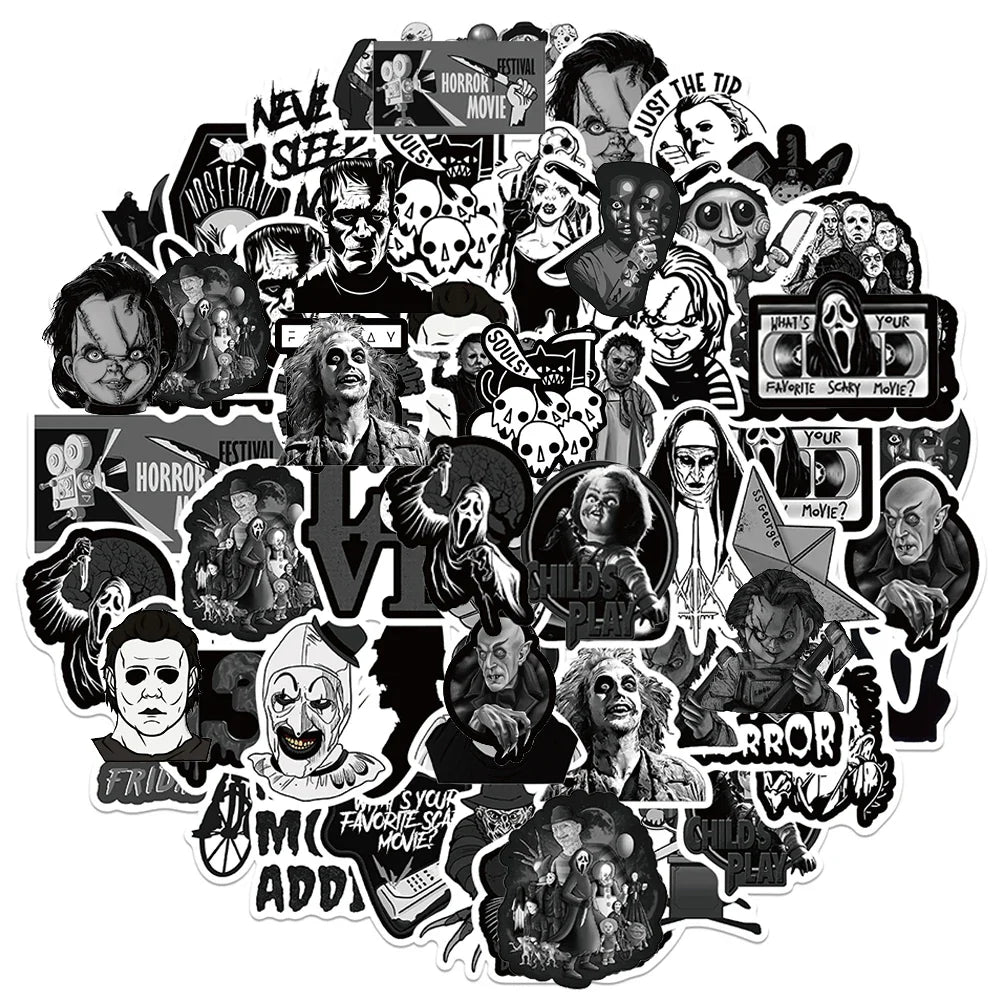 Horror Movie Graffiti Stickers Pack - Black & White Cartoon Decals for Skateboard, Suitcase, Guitar (Online Order Only)