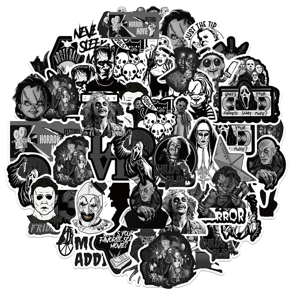 Horror Movie Graffiti Stickers Pack - Black & White Cartoon Decals for Skateboard, Suitcase, Guitar (Online Order Only)