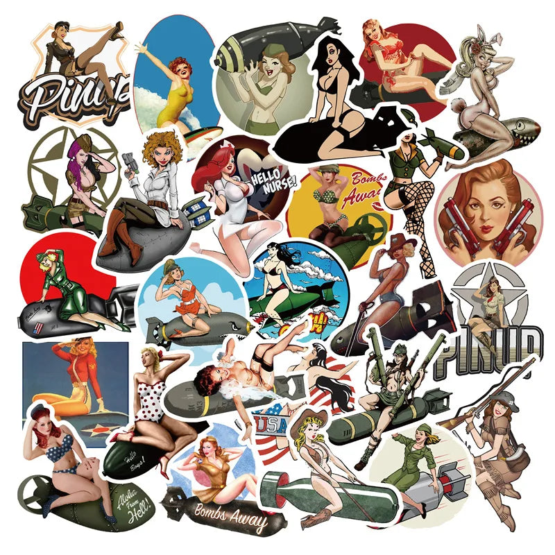 10/30/50pcs Retro World War II Pin-up Hot Girls Stickers for Laptop Luggage Motorcycle Refrigerator Skateboard Car Decal Sticker (ONLINE ORDER ONLY)