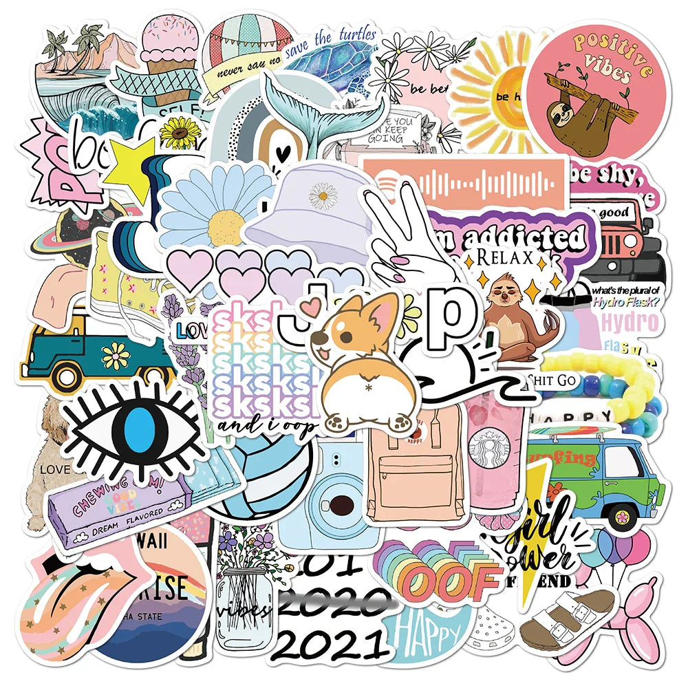 50pcs Cartoon Vsco Girls Simple Fresh Sticker For WaterBottle Suitcase Decals Skateboarding Motorcycle Children Gift Stickers (ONLINE ORDER ONLY)