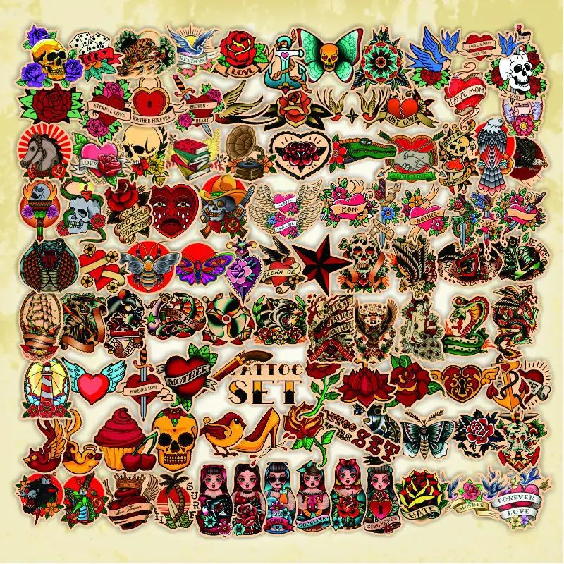 Retro Tattoo Stickers Pack - Skateboard Laptop Guitar Car Luggage Decals (Online Order Only)