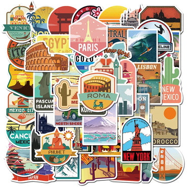 10/30/50pcs Global Travel City Landscape Stickers Decal Vinyl for Stationery Scrapbooking Car Skateboard Laptop Guitar Sticker (Online Order Only)